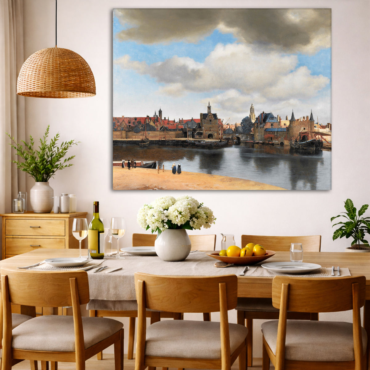 Jan Vermeer - View of Delft Giclée canvas wall art displayed in a dining room interior