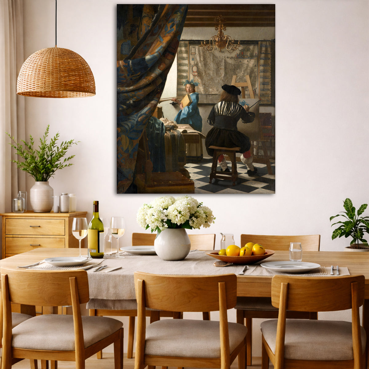 Jan Vermeer - The Art of Painting Giclée canvas wall art displayed in a dining room interior