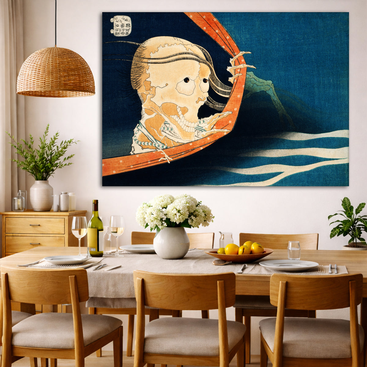 Katsushika Hokusai - Ghost of Kohada Koheiji Giclée canvas wall art displayed in a dining room interior