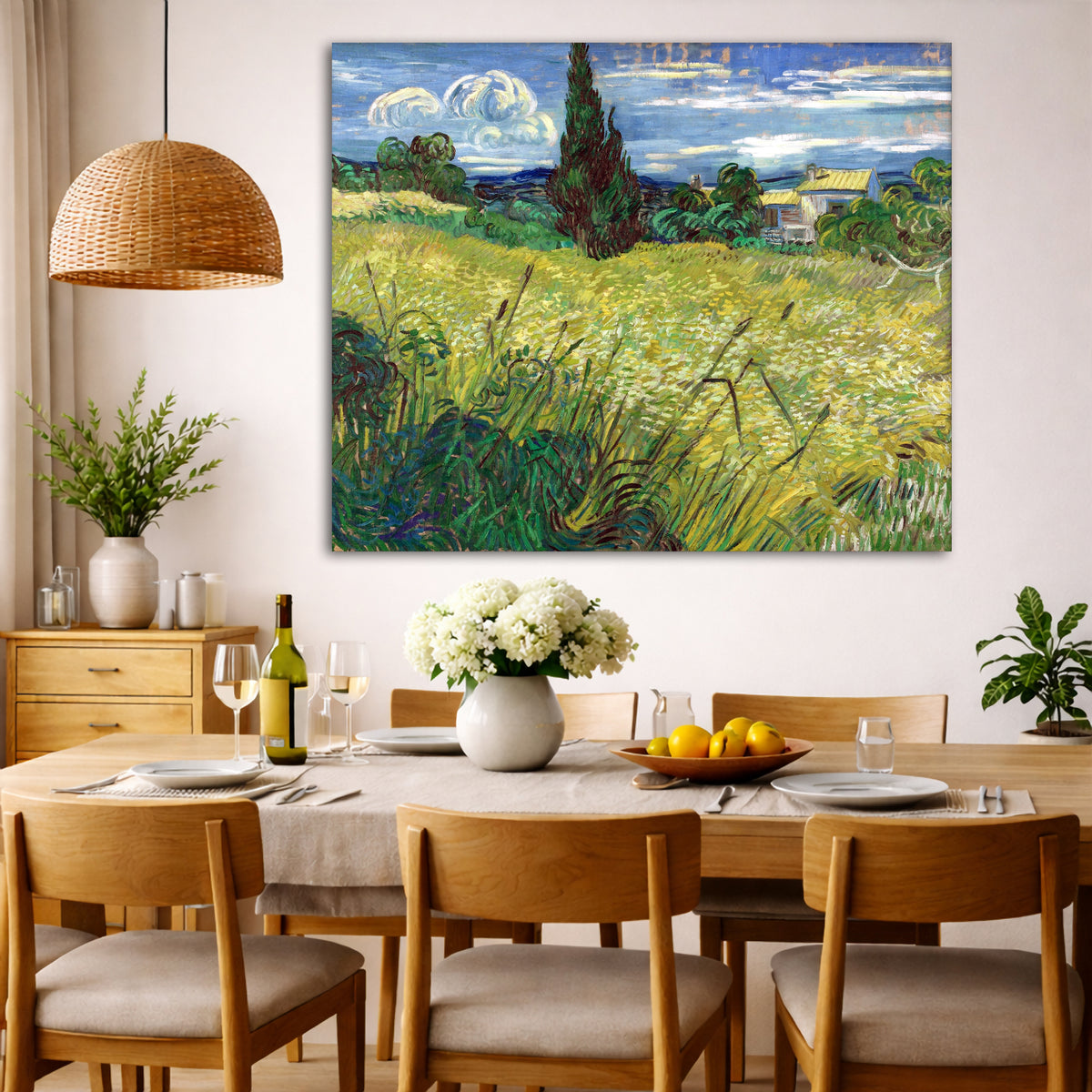 Vincent van Gogh - Green Field Giclée canvas wall art displayed in a dining room interior
