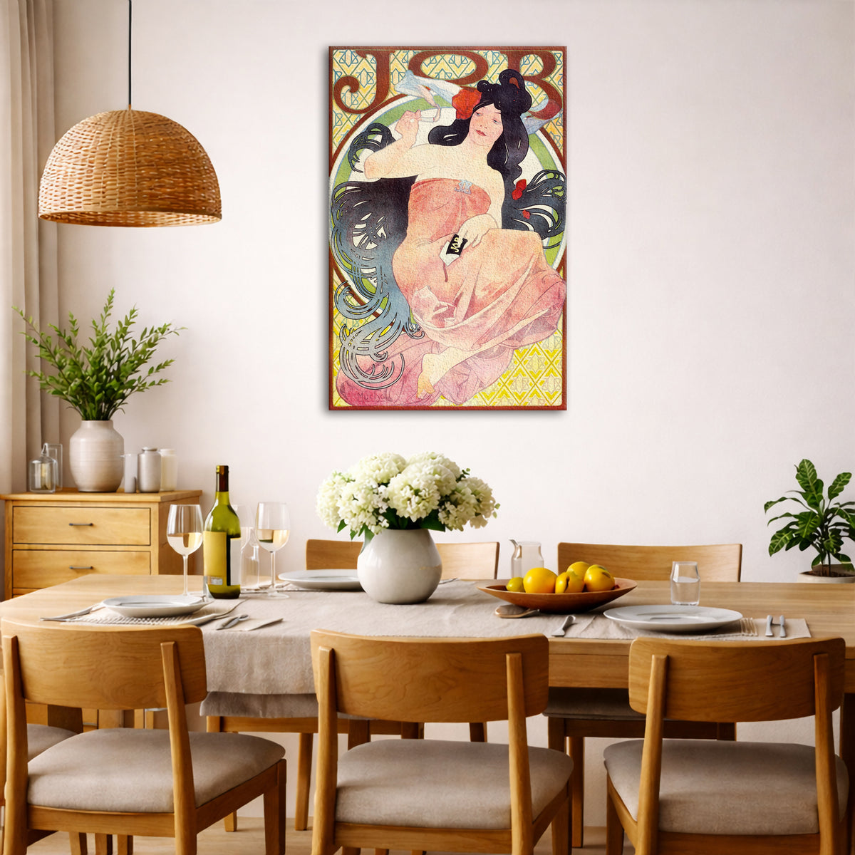 Alphonse Mucha - – Job Cigarettes Poster Giclée canvas wall art displayed in a dining room interior