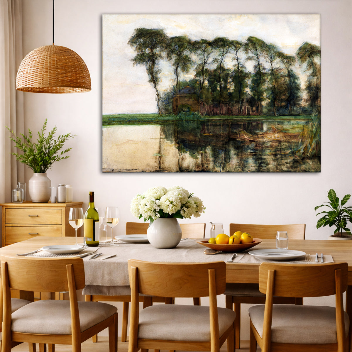 Piet Mondrian - Farm Along the Water Giclée canvas wall art displayed in a dining room interior