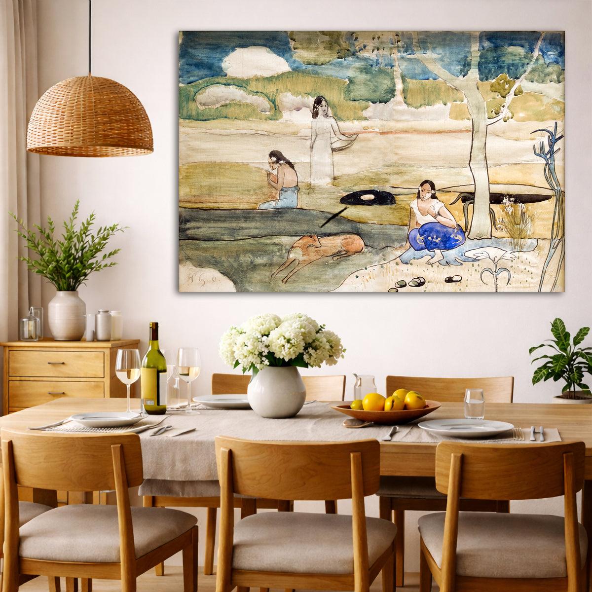 Paul Gauguin - Tahitian Study Giclée canvas wall art displayed in a dining room interior