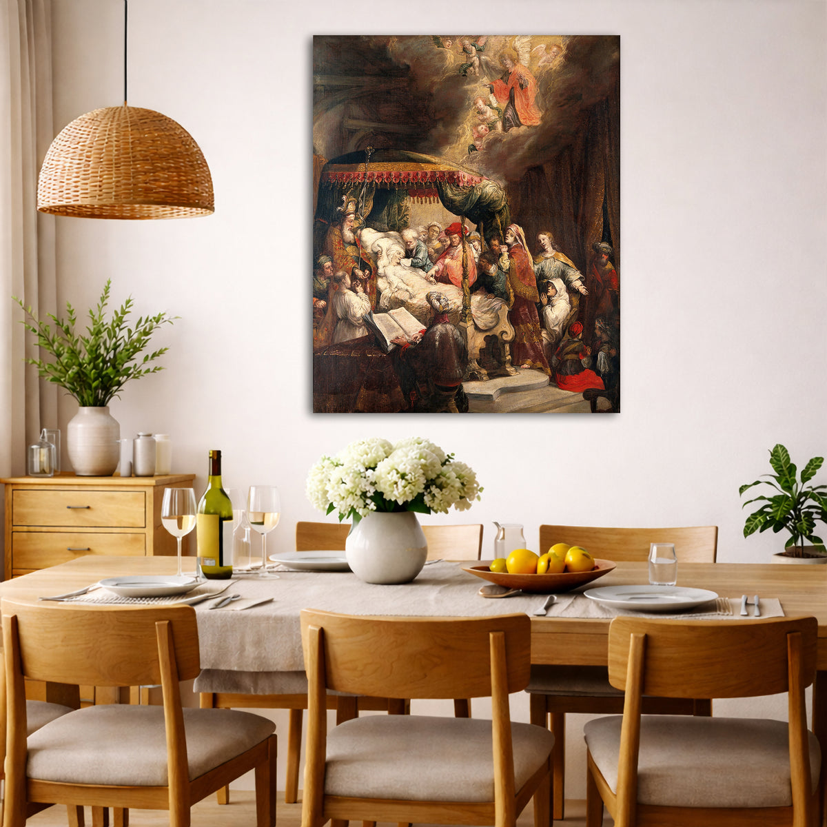 Rembrandt van Rijn - Death of the Virgin Giclée canvas wall art displayed in a dining room interior