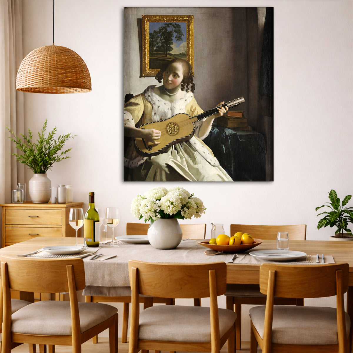 Jan Vermeer - The Guitar Player Giclée canvas wall art displayed in a dining room interior