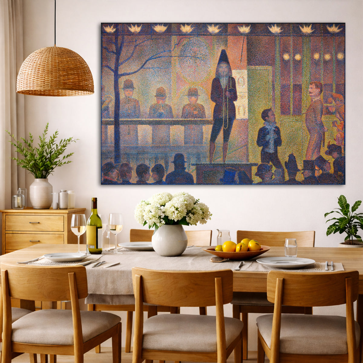 Georges Seurat - Circus Sideshow Giclée canvas wall art displayed in a dining room interior