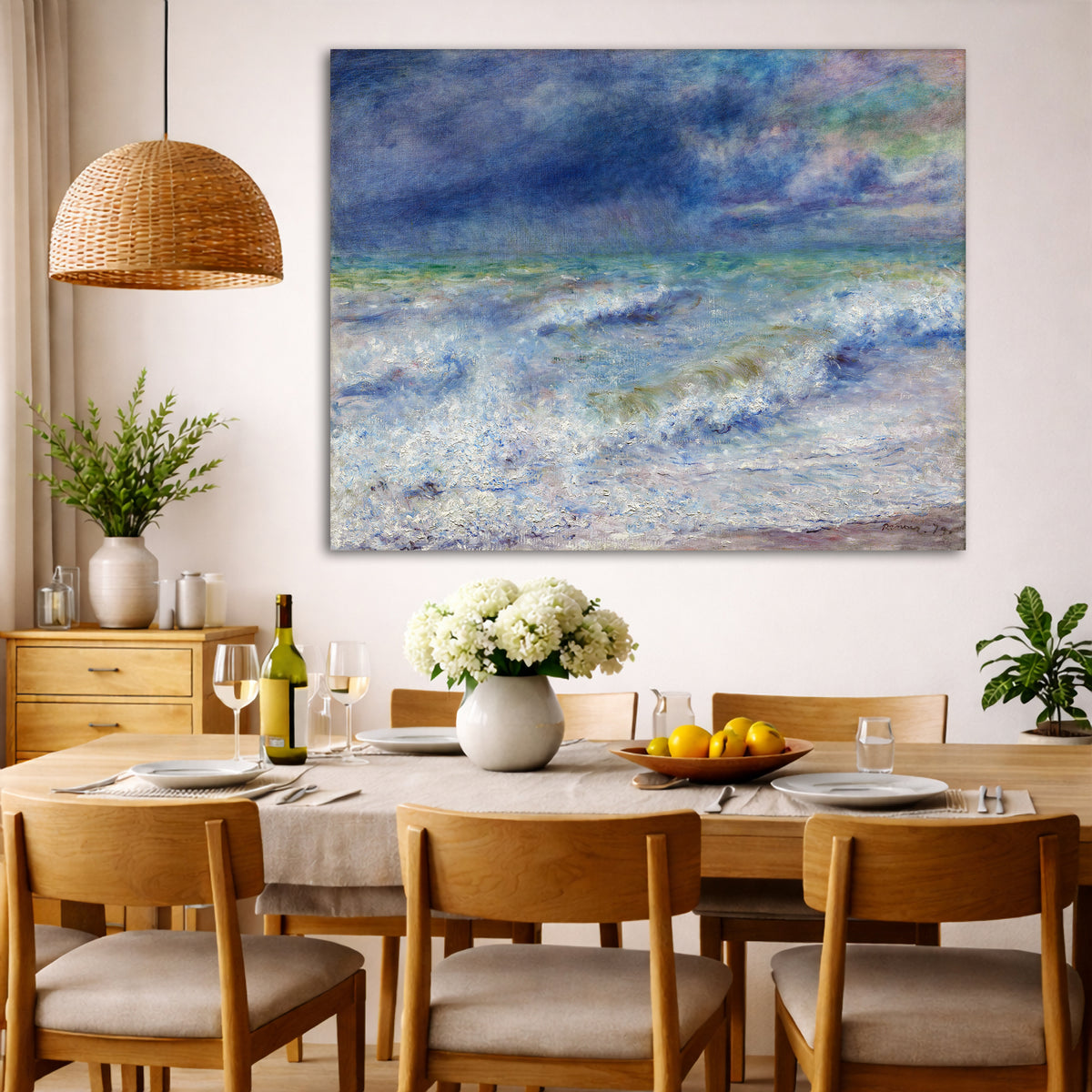 Pierre-Auguste Renoir - Seascape Giclée canvas wall art displayed in a dining room interior