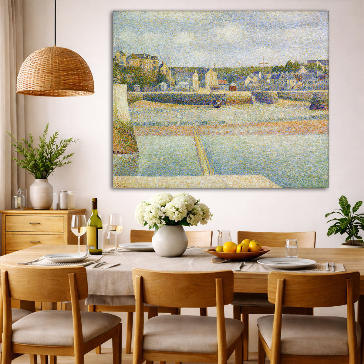Georges Seurat - The Outer Harbor Giclée canvas wall art displayed in a dining room interior