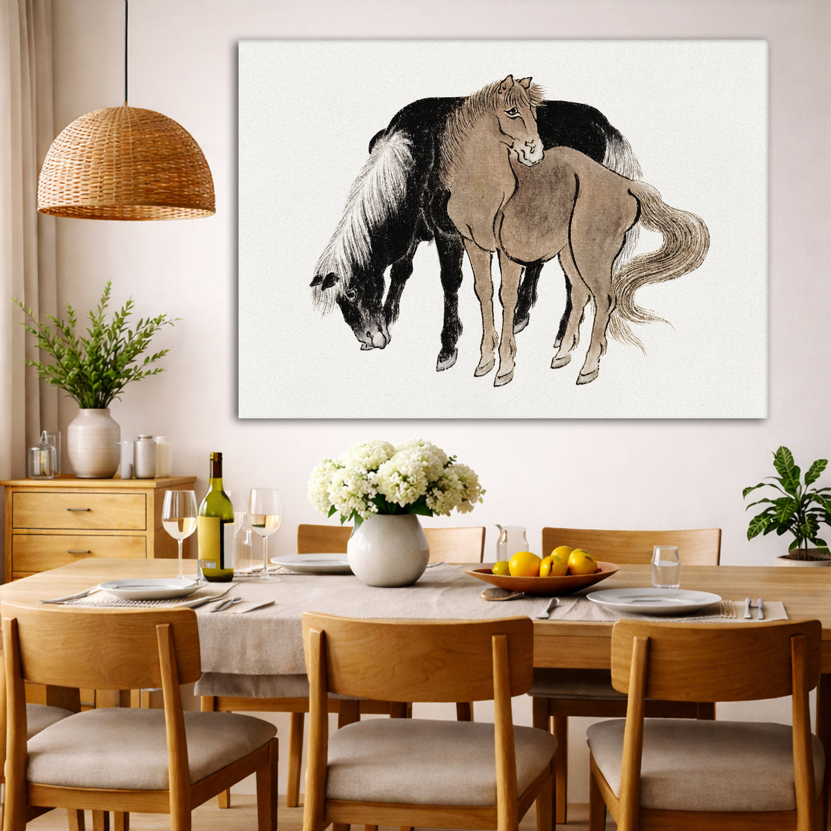 Katsushika Hokusai - Manga Sketches Giclée canvas wall art displayed in a dining room interior