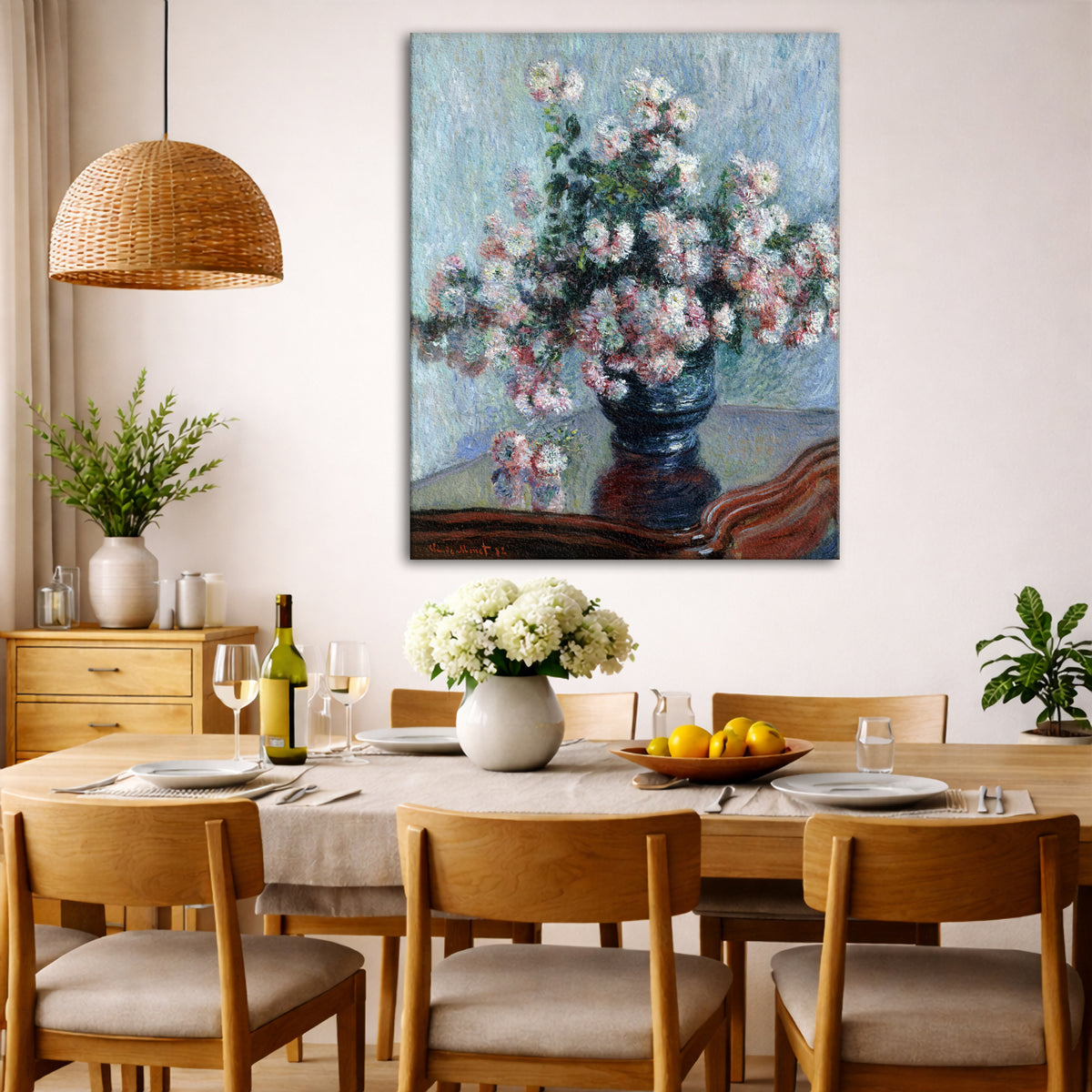 Claude Monet - Chrysanthemums Giclée canvas wall art displayed in a dining room interior