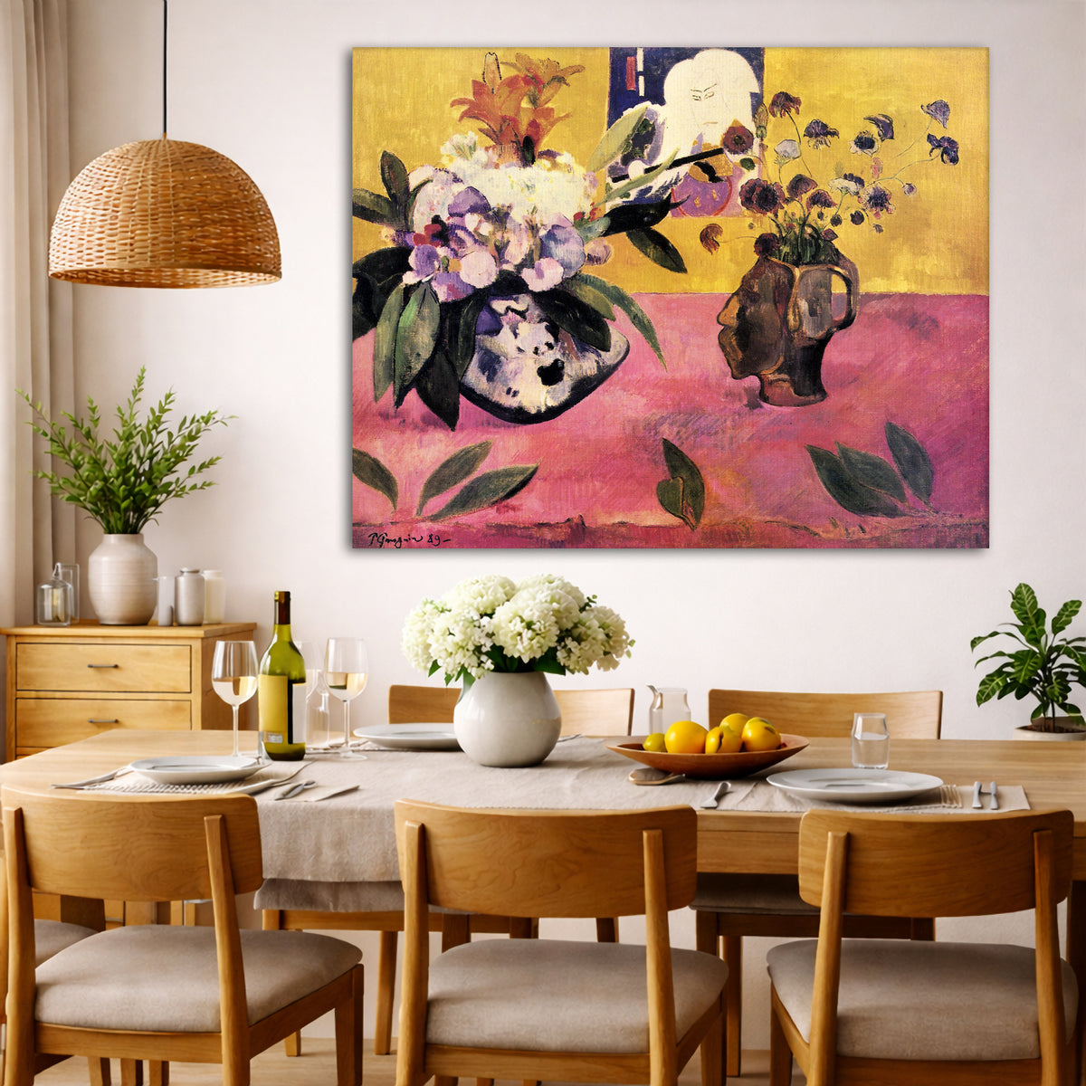 Paul Gauguin - Still Life with Japanese Print Giclée canvas wall art displayed in a dining room interior