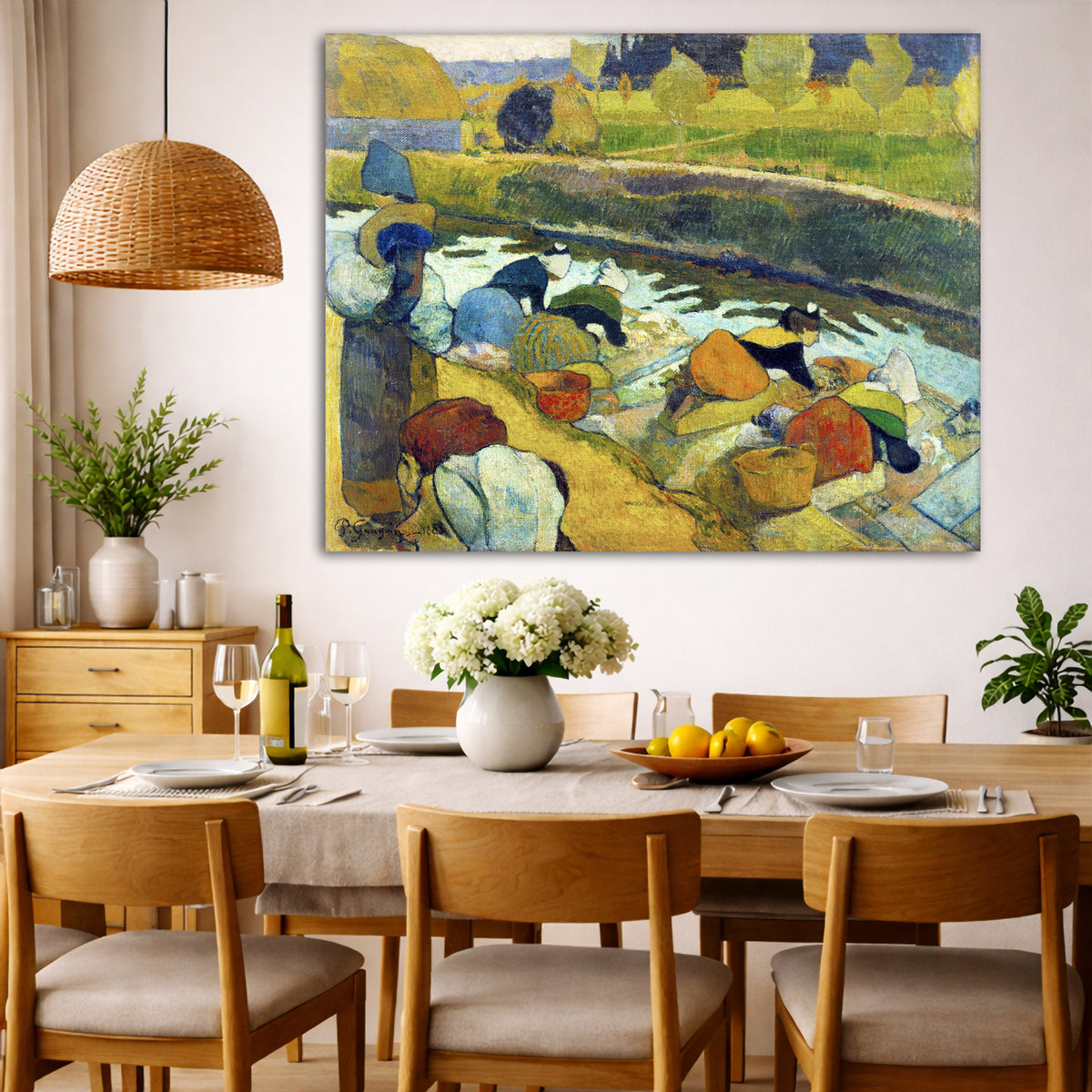 Paul Gauguin - The Washerwomen Giclée canvas wall art displayed in a dining room interior