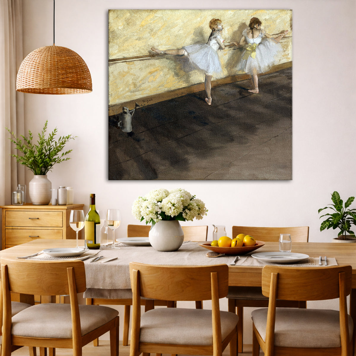 Edgar Degas - Dancers Practicing at the Barre Giclée canvas wall art displayed in a dining room interior