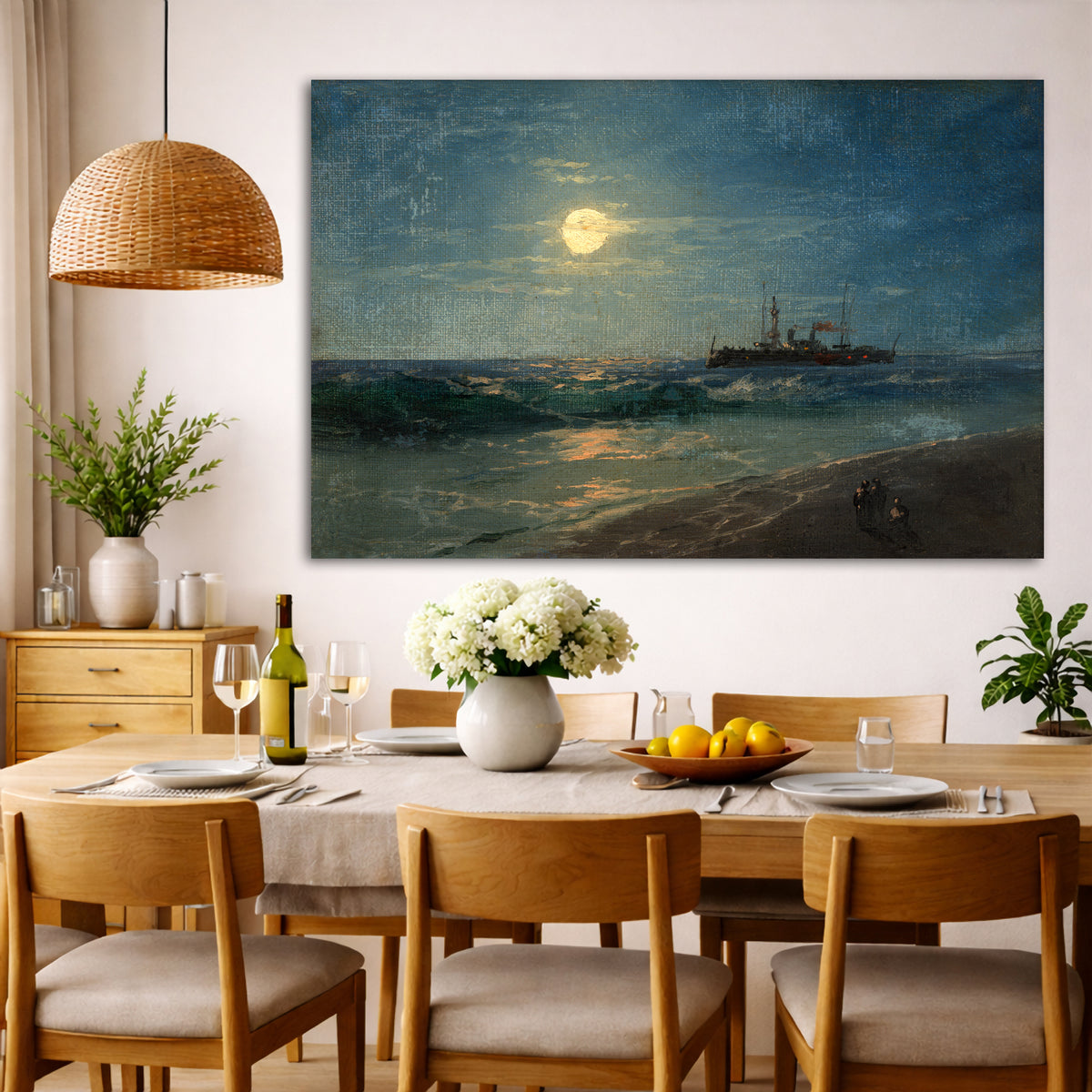 Ivan Aivazovsky - Ship in the Moonlight Giclée canvas wall art displayed in a dining room interior