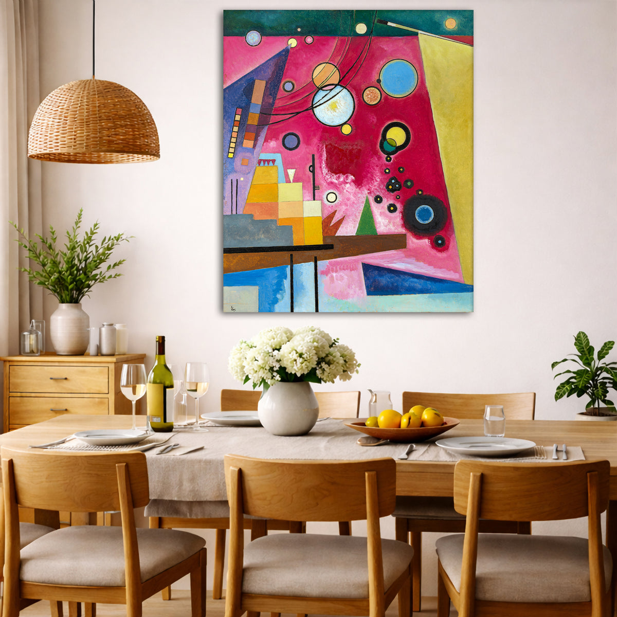 Wassily Kandinsky - Heavy Red Giclée canvas wall art displayed in a dining room interior