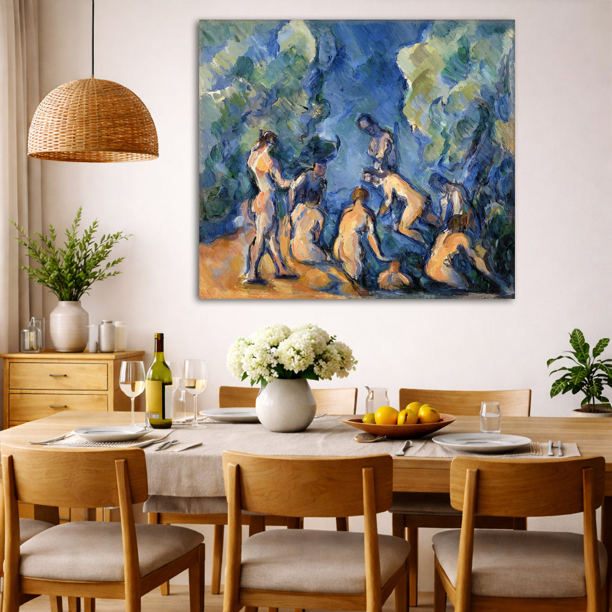 Paul Cézanne - Seven Bathers Giclée canvas wall art displayed in a dining room interior