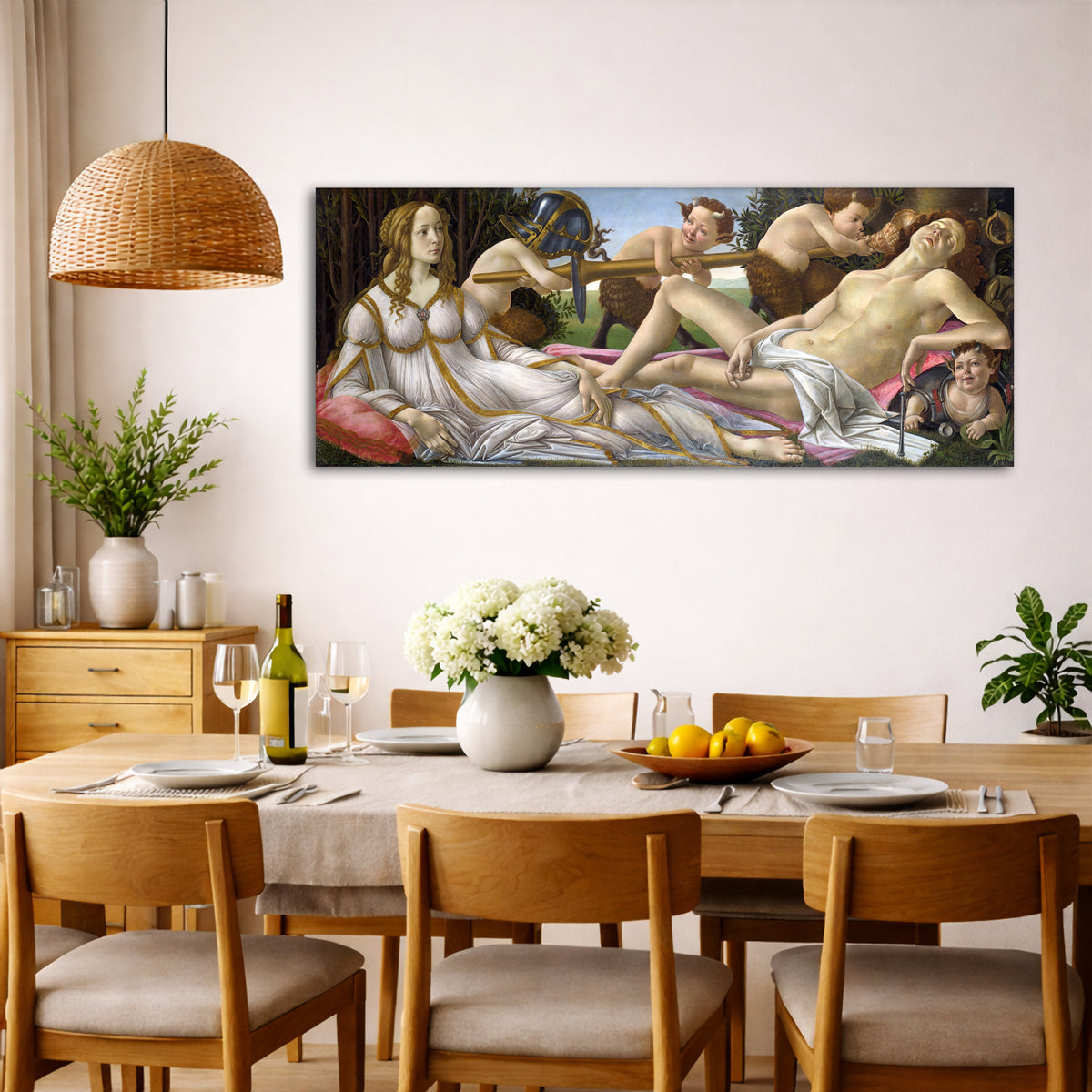 Sandro Botticelli - Mars and Venus Giclée canvas wall art displayed in a dining room interior