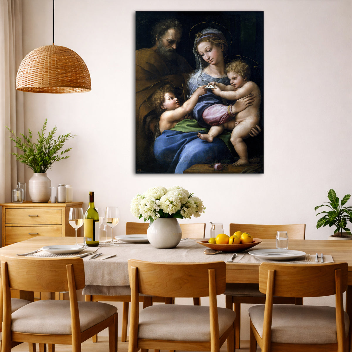Raphael - Madonna of the Rose Giclée canvas wall art displayed in a dining room interior