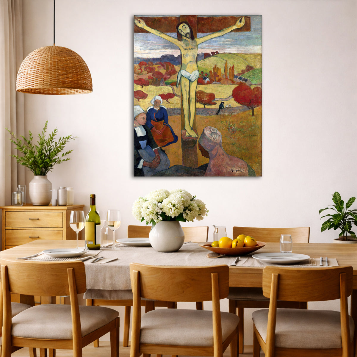 Paul Gauguin - The Yellow Christ Giclée canvas wall art displayed in a dining room interior