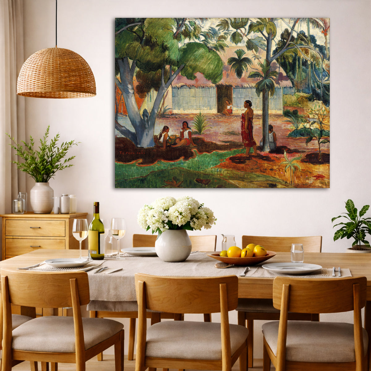 Paul Gauguin - The Big Tree Giclée canvas wall art displayed in a dining room interior