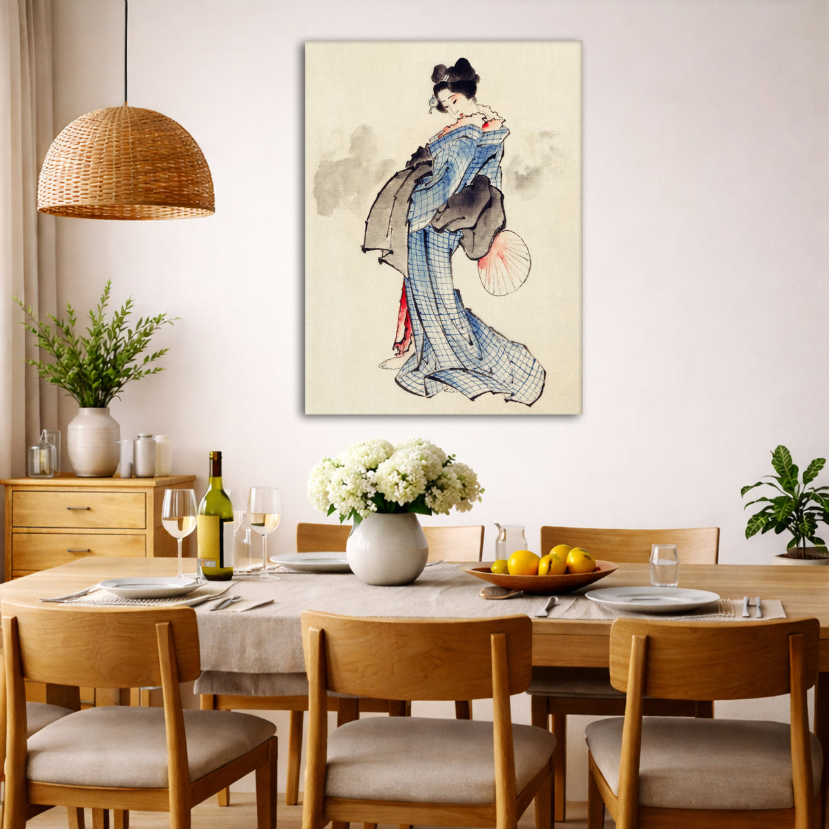 Katsushika Hokusai - Full Length Woman Giclée canvas wall art displayed in a dining room interior