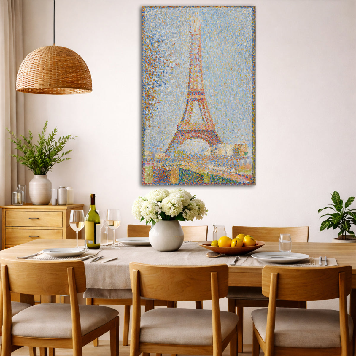 Georges Seurat - Eiffel Tower Giclée canvas wall art displayed in a dining room interior