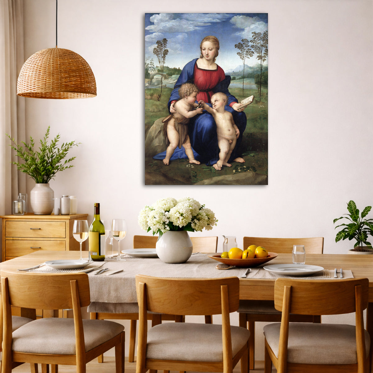 Raphael - Madonna of the Goldfinch Giclée canvas wall art displayed in a dining room interior