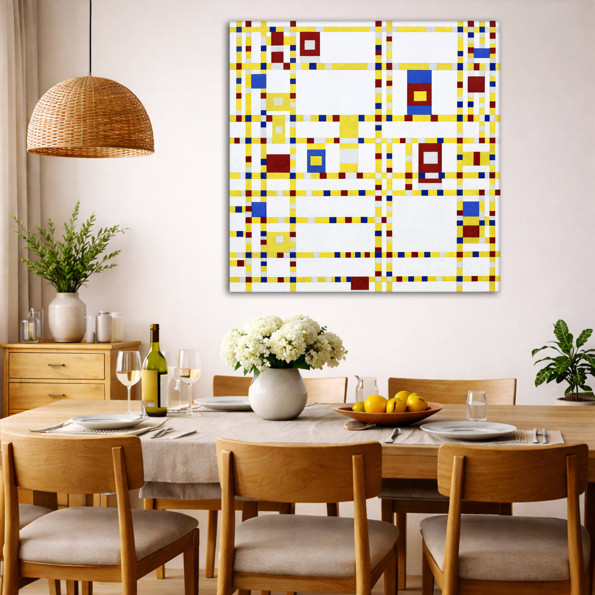 Piet Mondrian - Broadway Boogie Woogie Giclée canvas wall art displayed in a dining room interior
