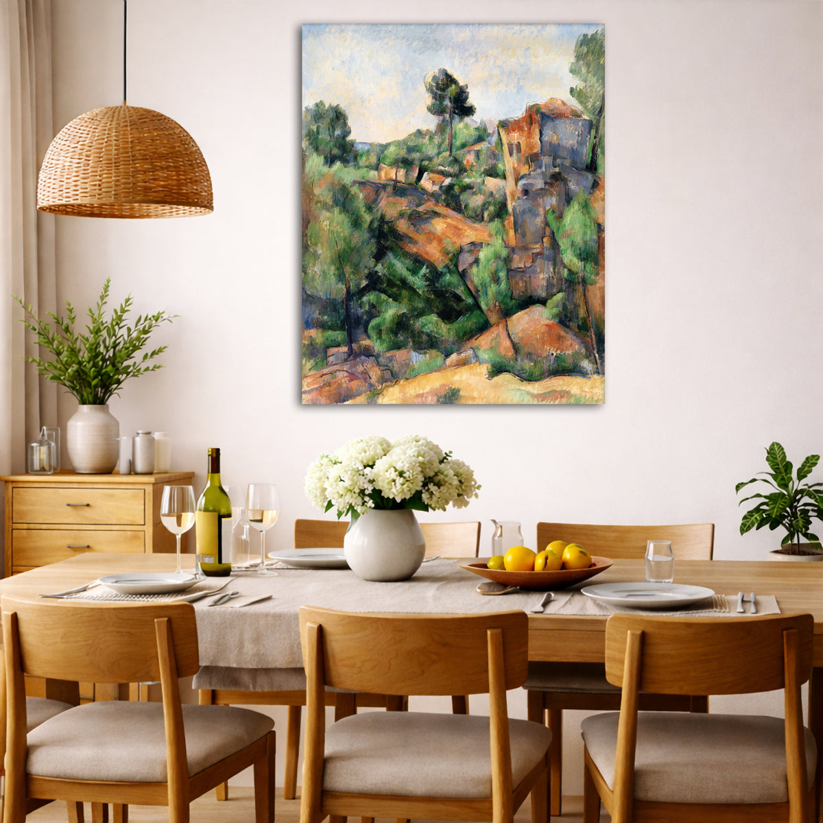 Paul Cézanne - Bibémus Quarry Giclée canvas wall art displayed in a dining room interior