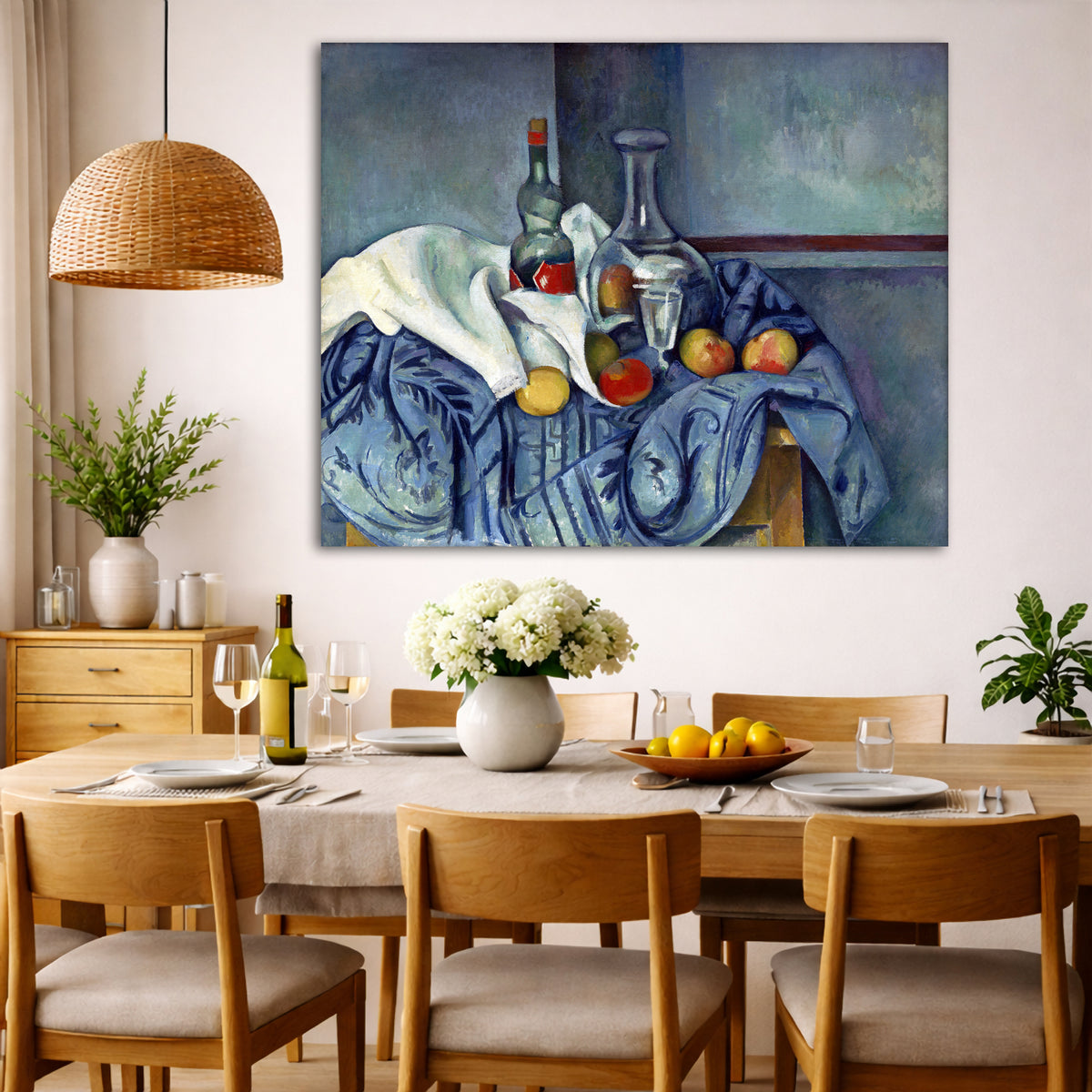 Paul Cézanne - The Peppermint Bottle Giclée canvas wall art displayed in a dining room interior
