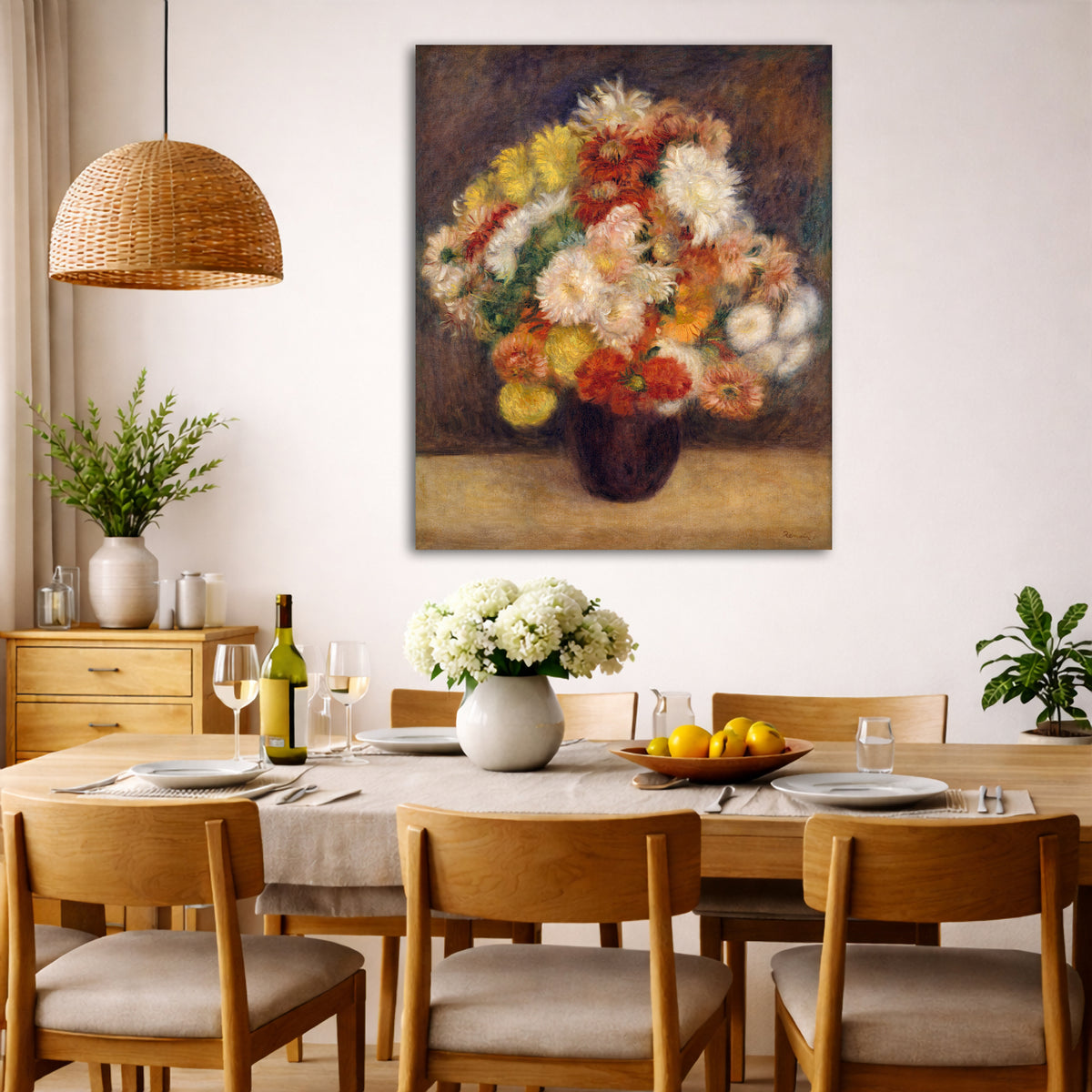 Pierre-Auguste Renoir - Bouquet of Chrysanthemums Giclée canvas wall art displayed in a dining room interior