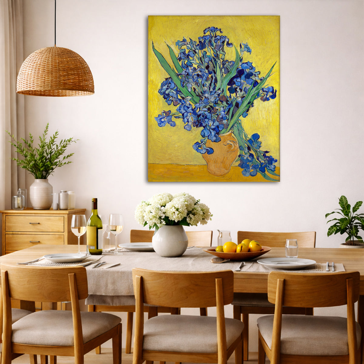Vincent van Gogh - Irises Giclée canvas wall art displayed in a dining room interior