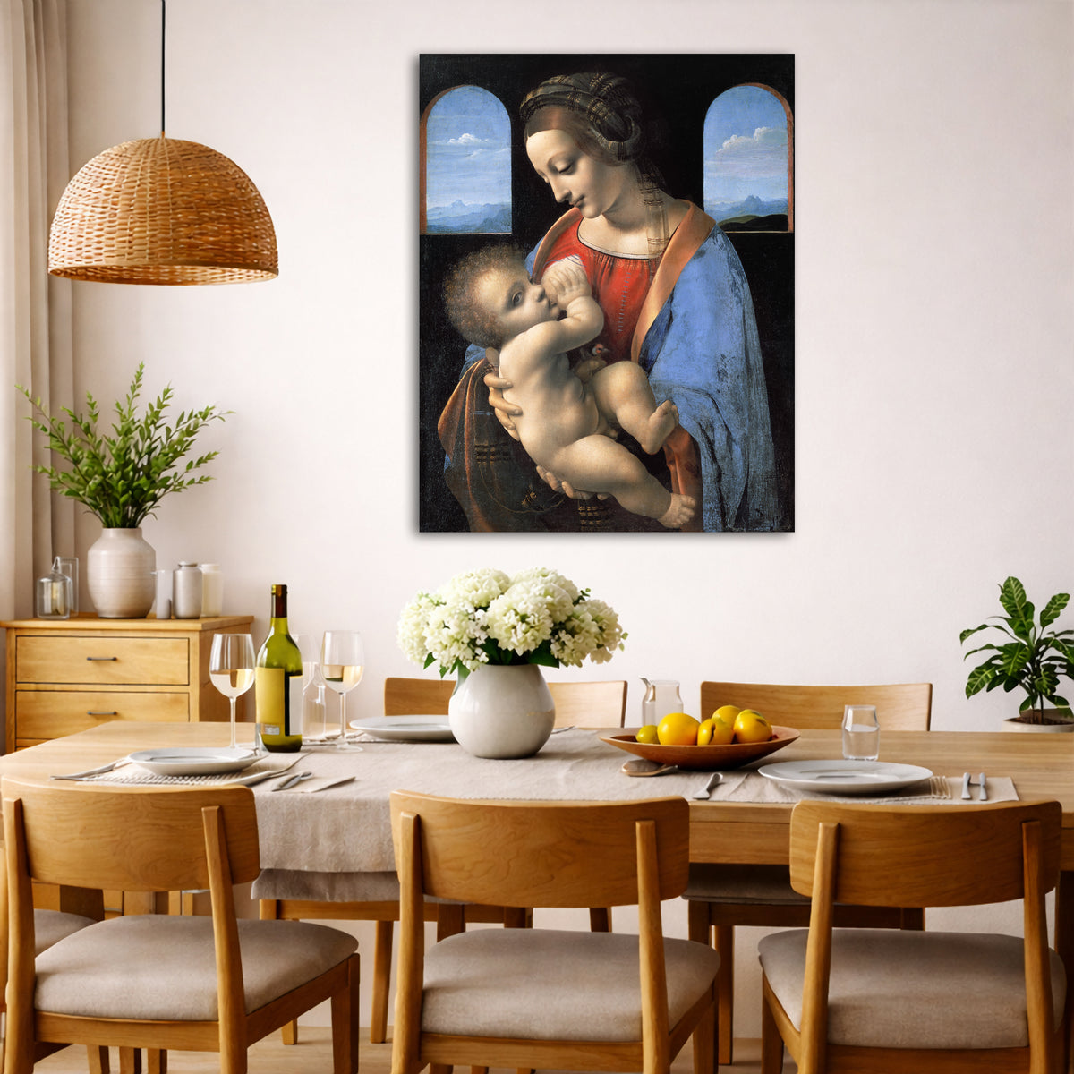 Leonardo Da Vinci - Madonna Litta Giclée canvas wall art displayed in a dining room interior