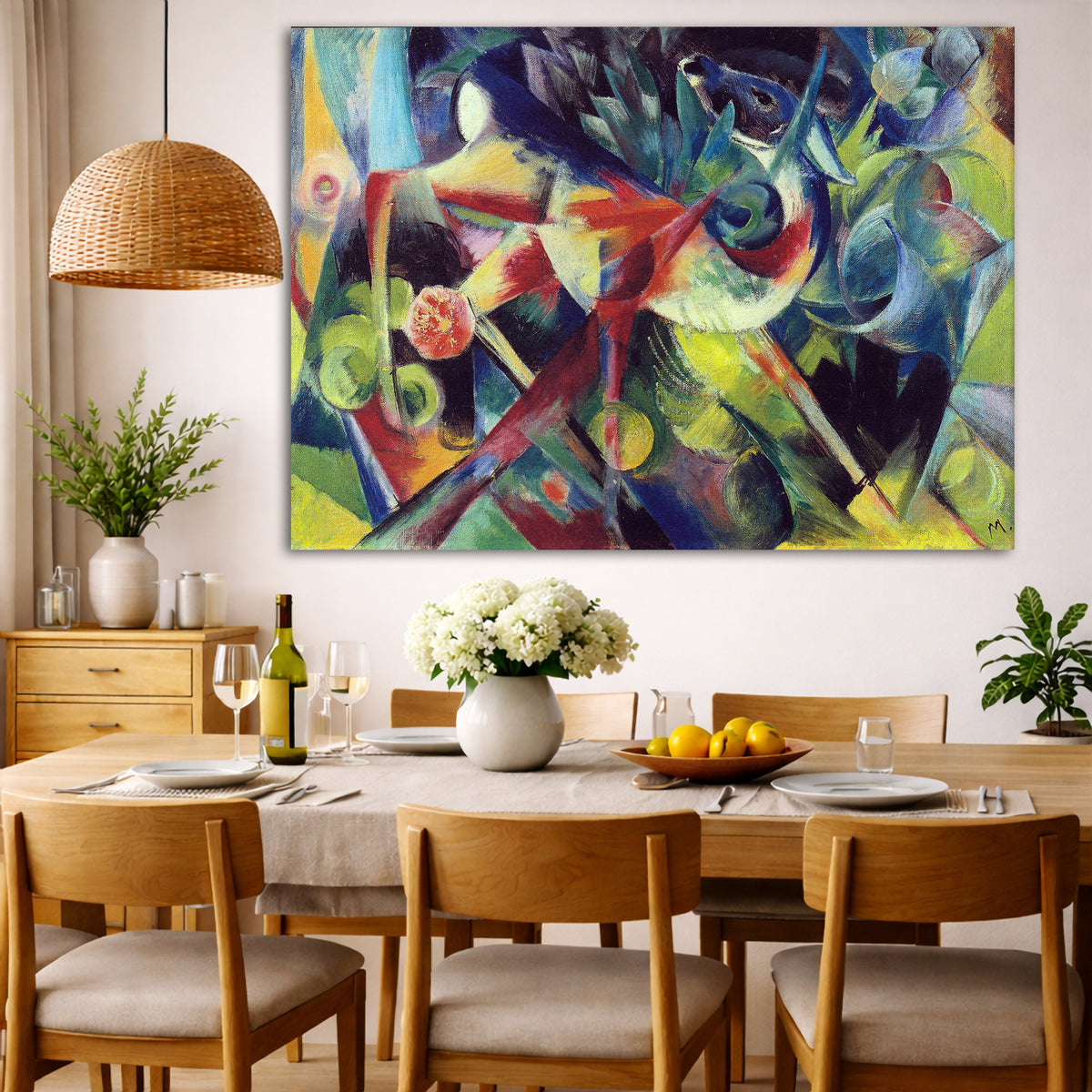 Franz Marc - Deer in a Flower Garden Giclée canvas wall art displayed in a dining room interior