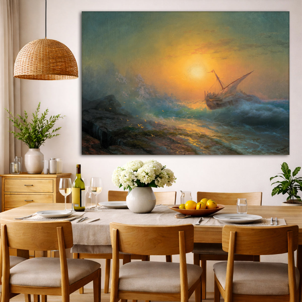 Ivan Aivazovsky - Stormy Sea at Sunset Giclée canvas wall art displayed in a dining room interior