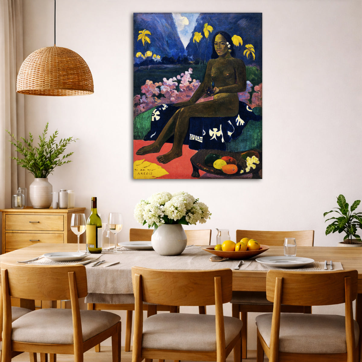 Paul Gauguin - Seed of the Areoi Giclée canvas wall art displayed in a dining room interior