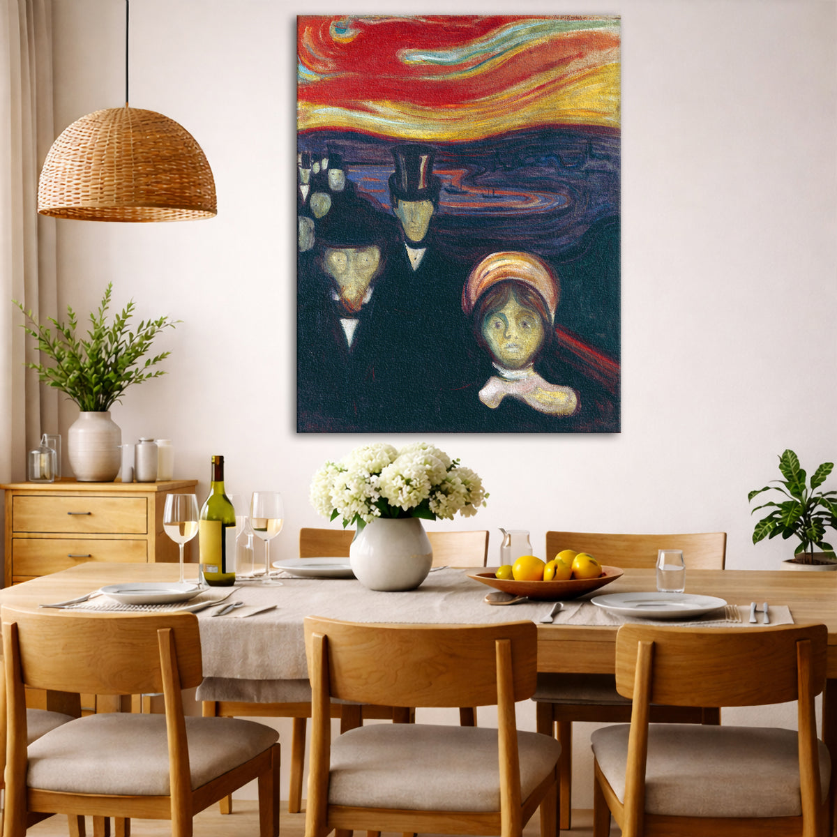 Edvard Munch - Anxiety Color Giclée canvas wall art displayed in a dining room interior