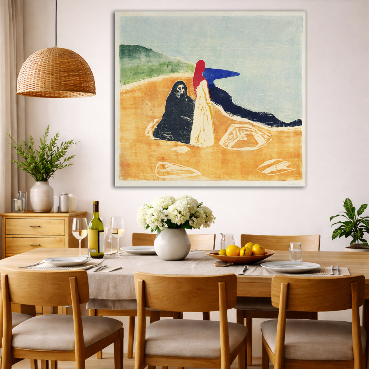 Edvard Munch - Two Women on the Shore Giclée canvas wall art displayed in a dining room interior