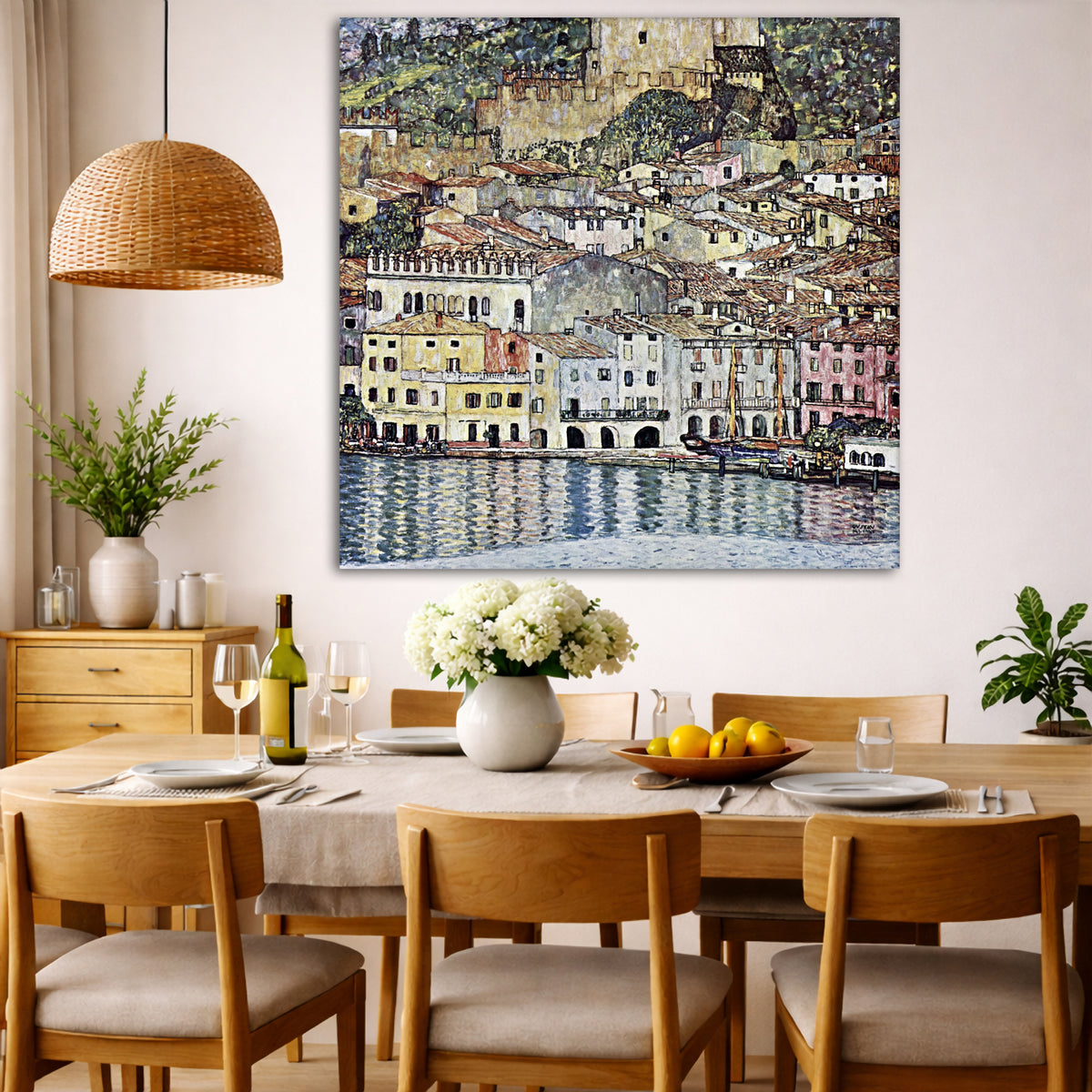 Gustav Klimt - Malcesine on Lake Garda Giclée canvas wall art displayed in a dining room interior