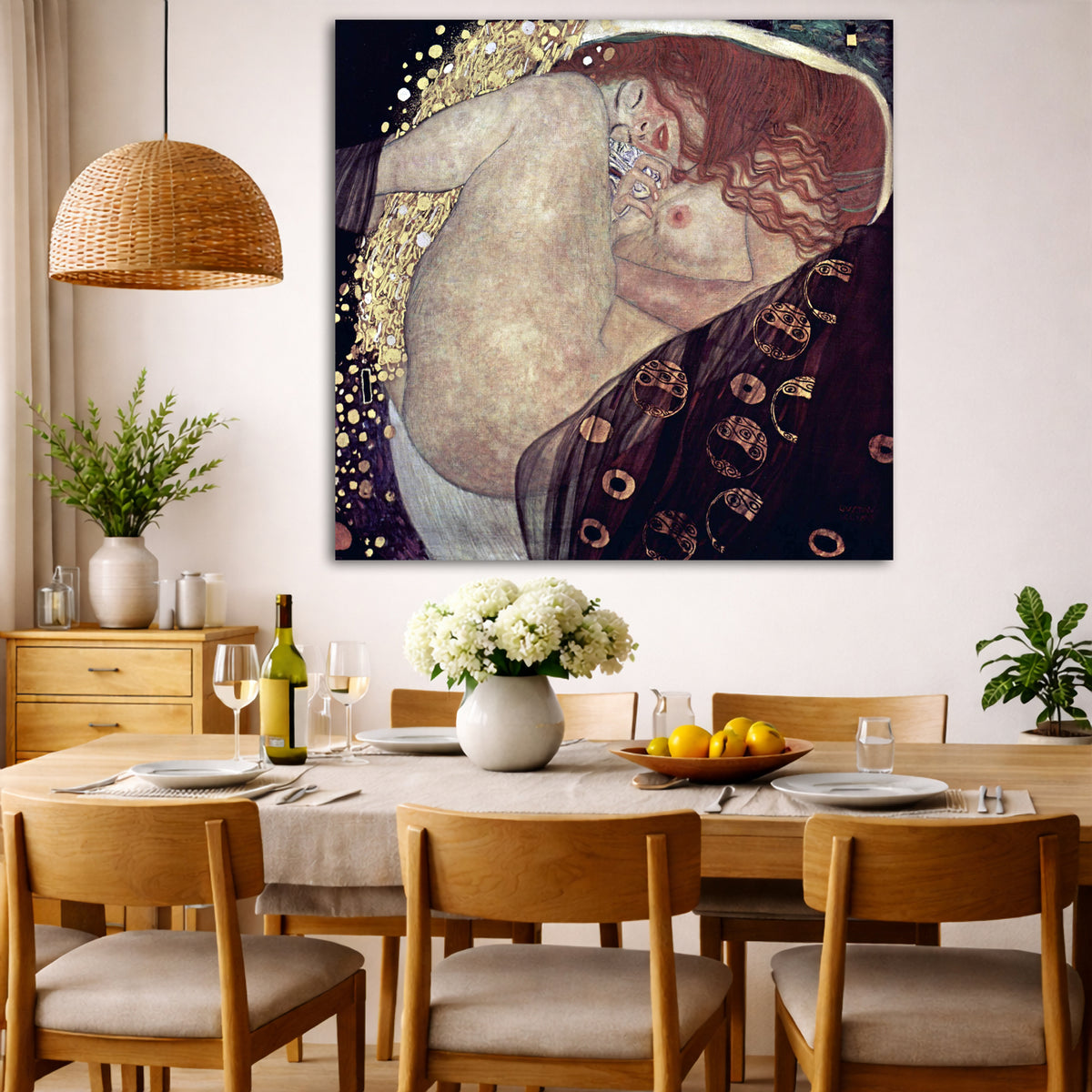 Gustav Klimt - Danae Giclée canvas wall art displayed in a dining room interior