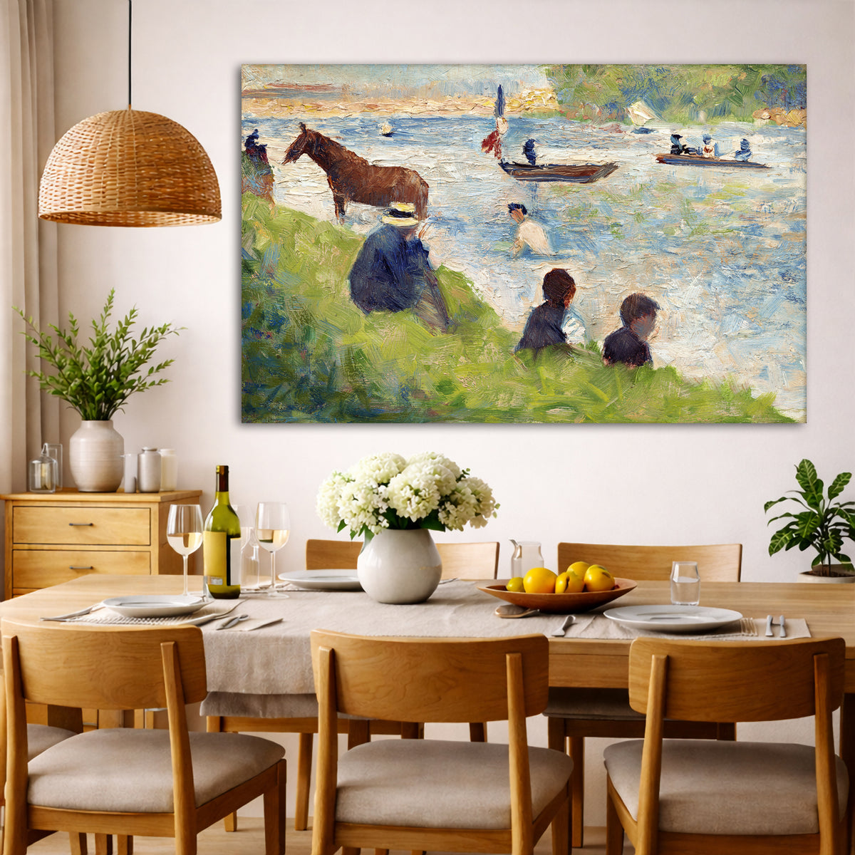 Georges Seurat - Horse and Boats Giclée canvas wall art displayed in a dining room interior
