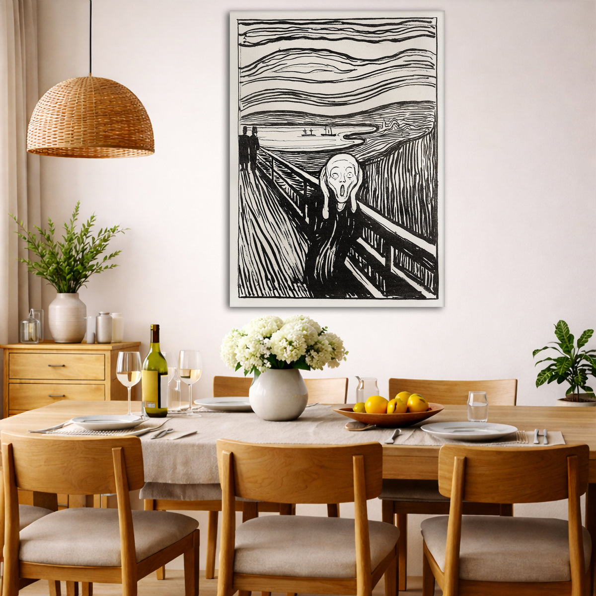 Edvard Munch - The Scream Black White Giclée canvas wall art displayed in a dining room interior