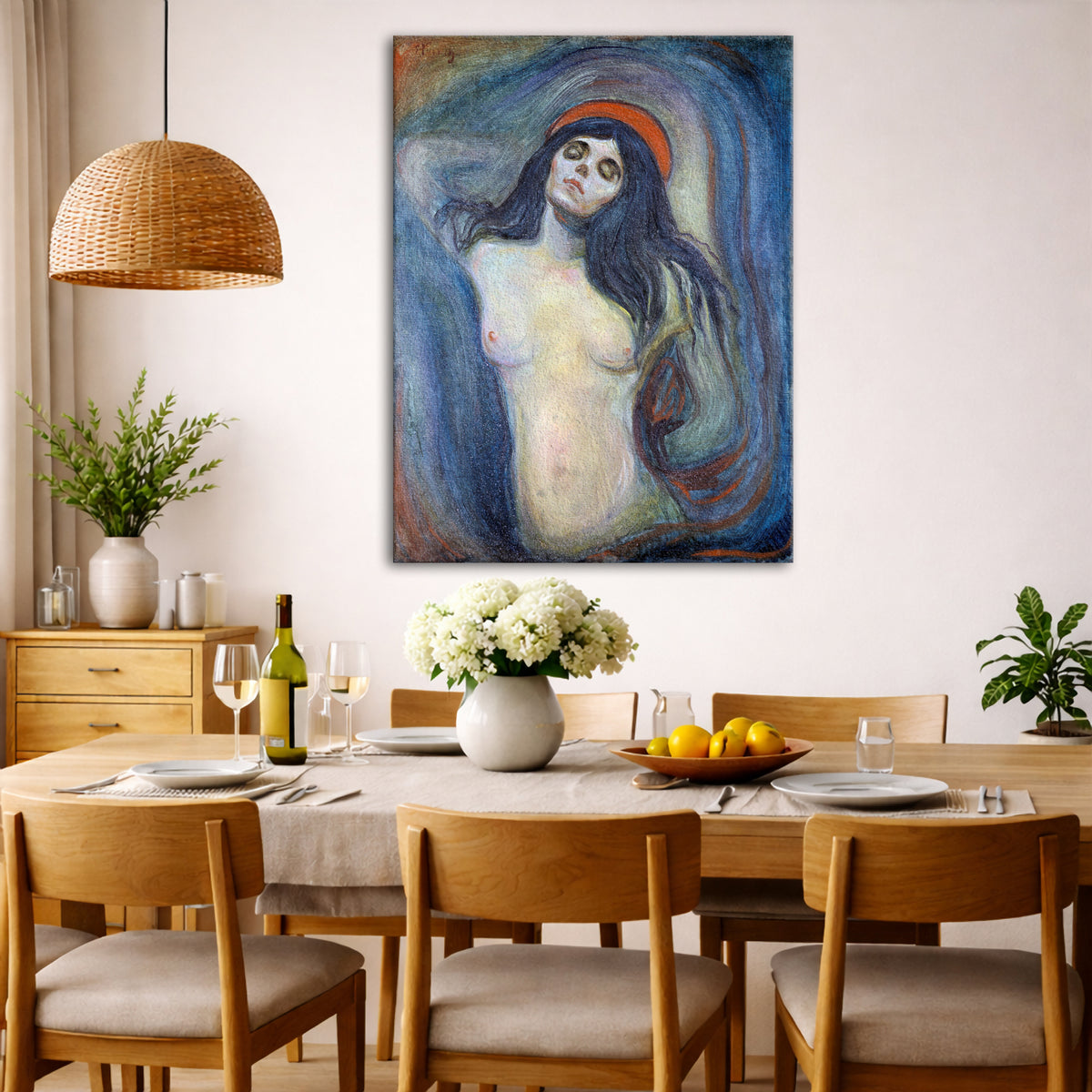 Edvard Munch - Madonna Giclée canvas wall art displayed in a dining room interior