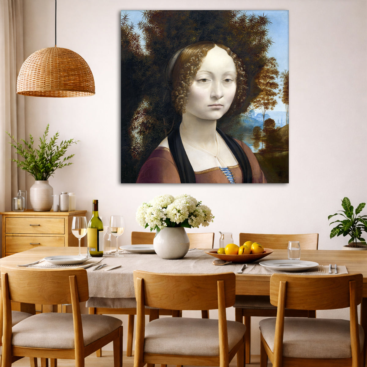 Leonardo Da Vinci - Ginevra de Benci Giclée canvas wall art displayed in a dining room interior