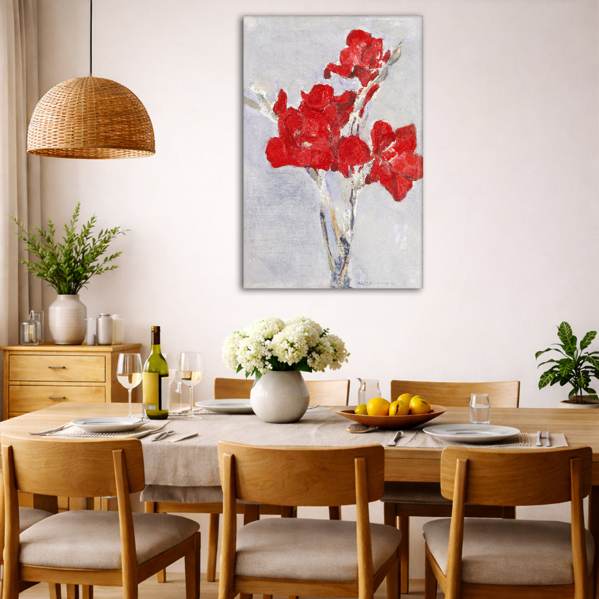Piet Mondrian - Red Gladioli Giclée canvas wall art displayed in a dining room interior