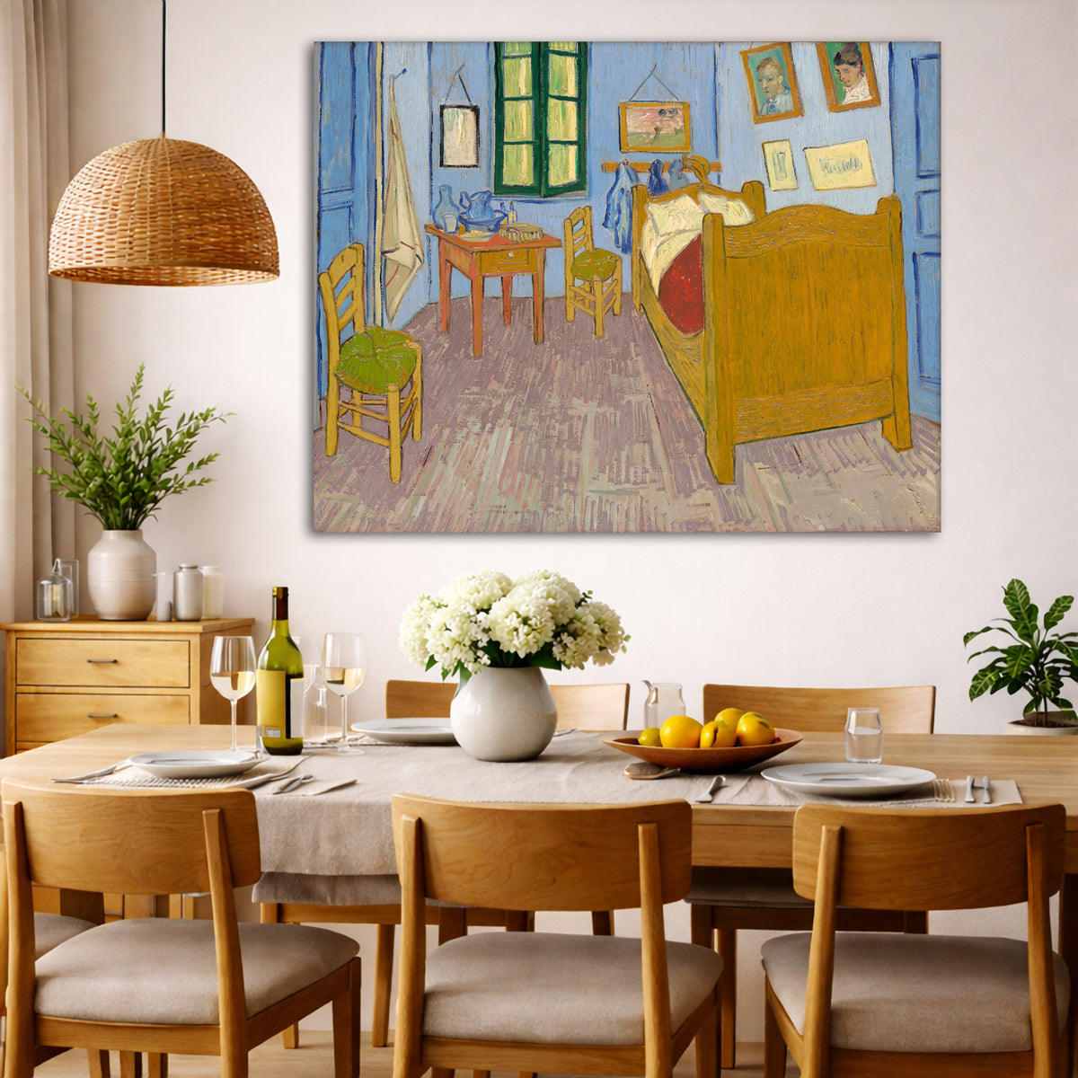 Vincent van Gogh - Bedroom in Arles Giclée canvas wall art displayed in a dining room interior