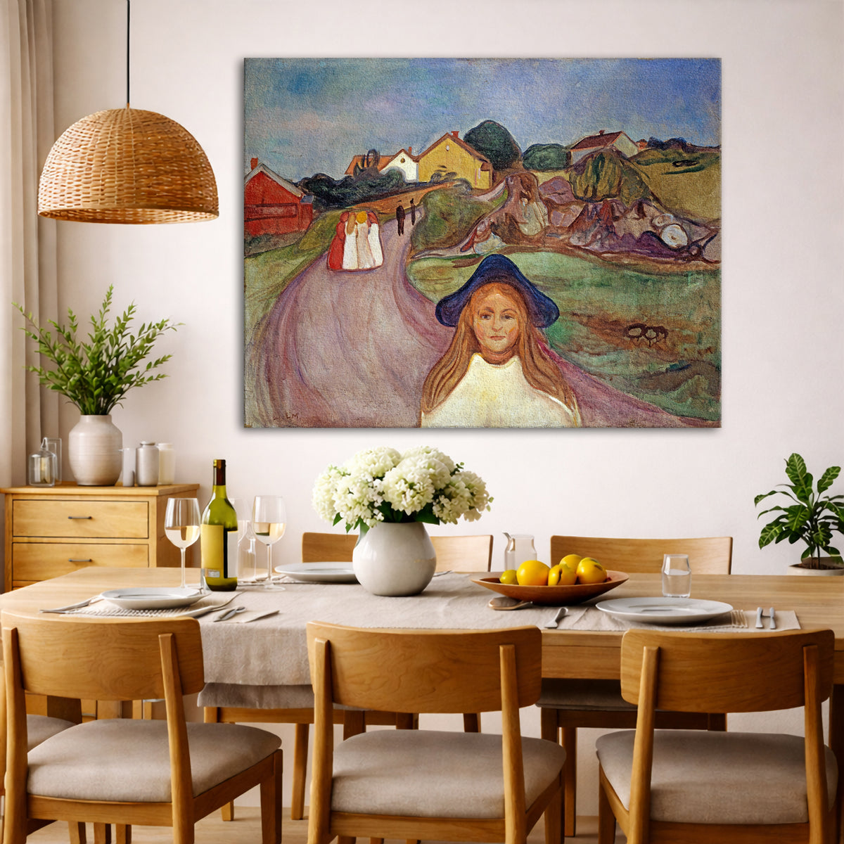 Edvard Munch - Street in Åsgårdstrand Giclée canvas wall art displayed in a dining room interior