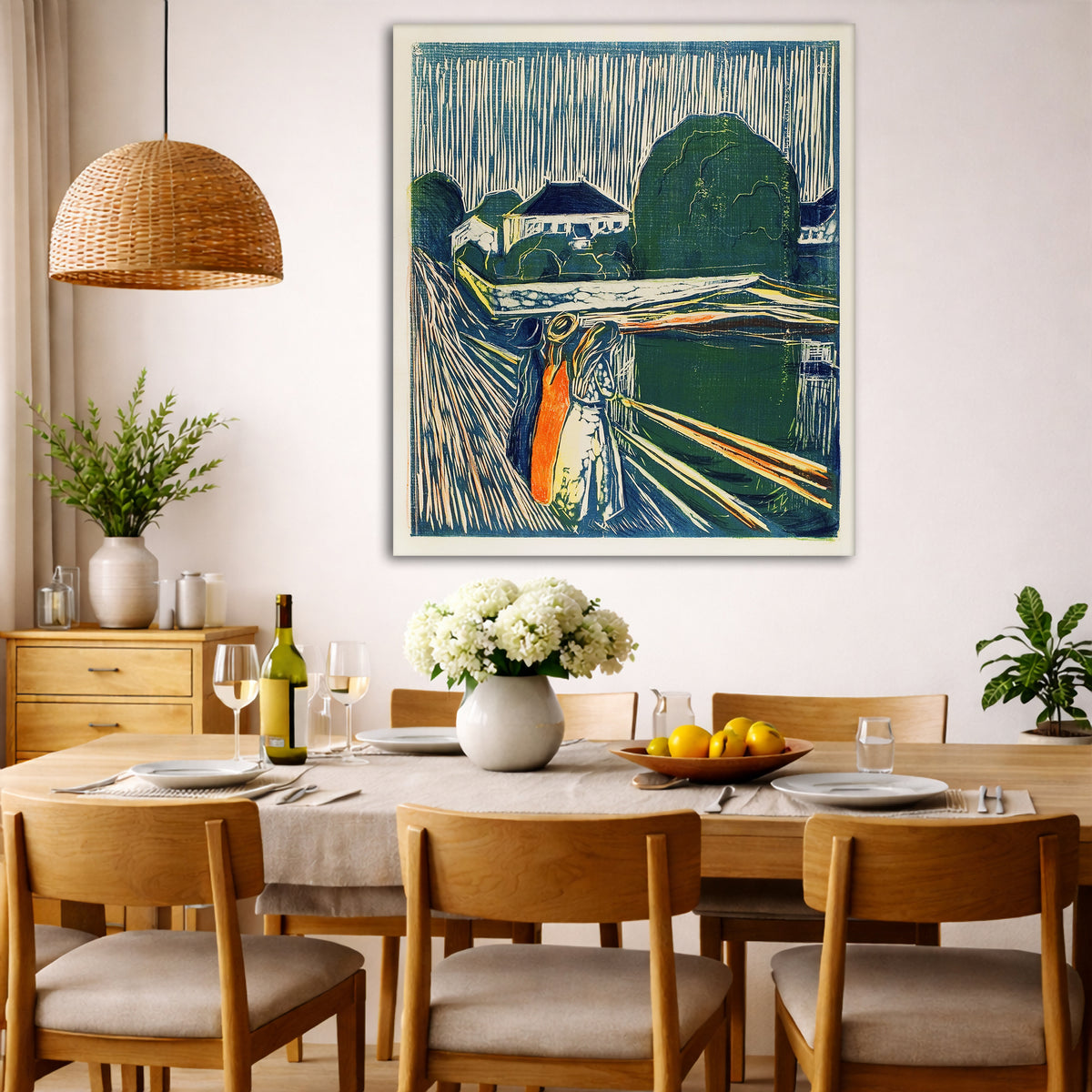 Edvard Munch - The Girls on the Bridge Giclée canvas wall art displayed in a dining room interior
