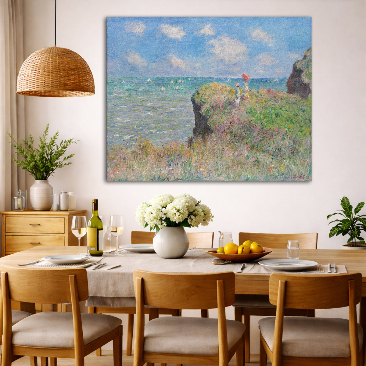 Claude Monet - Cliff Walk at Pourville Giclée canvas wall art displayed in a dining room interior
