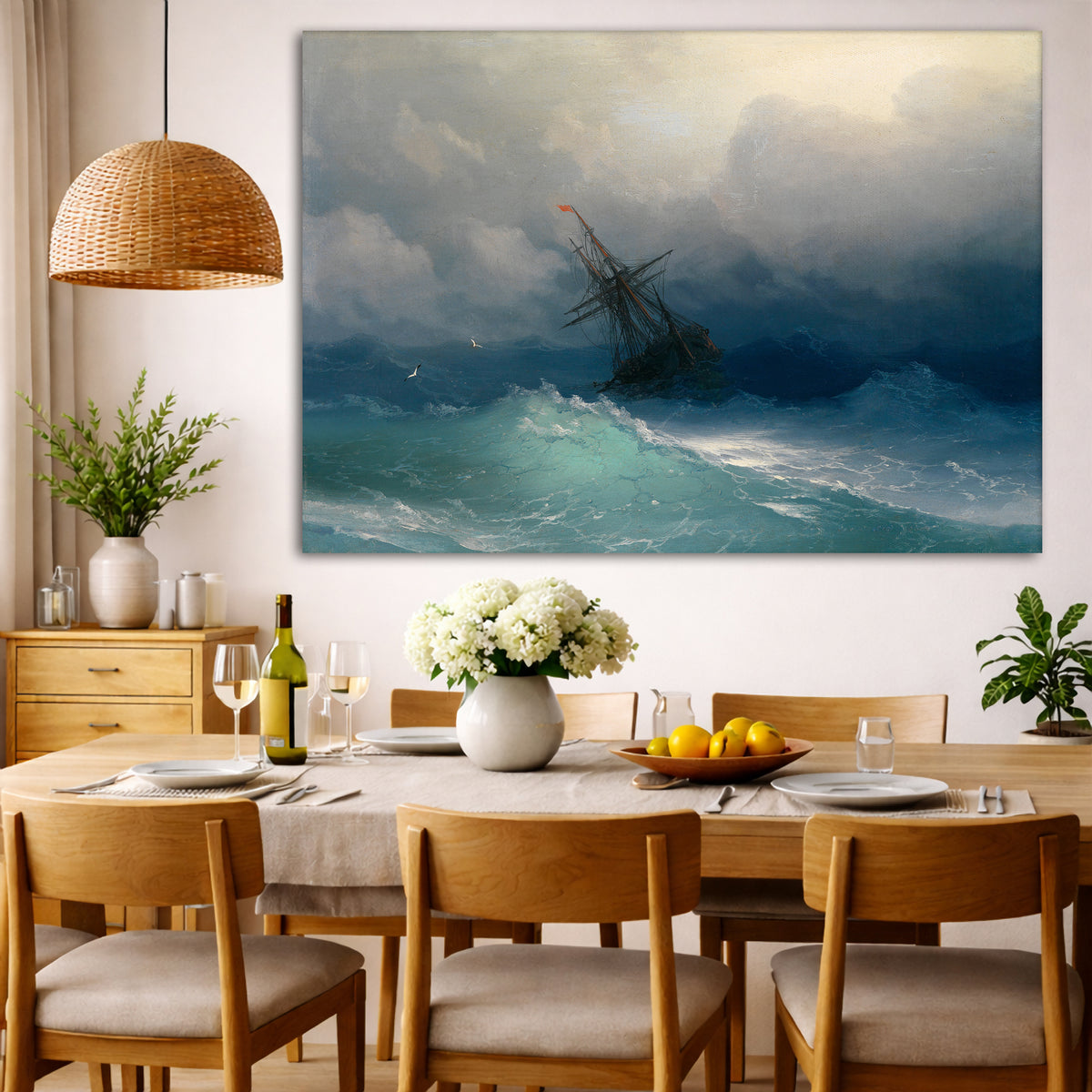 Ivan Aivazovsky - Stormy Sea Giclée canvas wall art displayed in a dining room interior